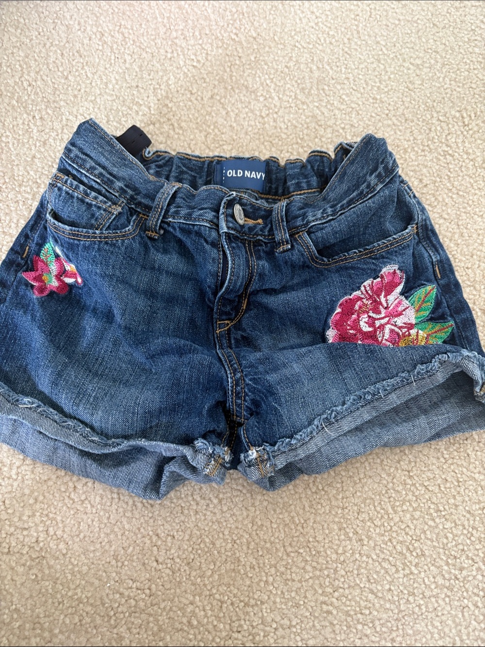 Old Navy Blue Denim Girls' Shorts with Pink Floral Embroidery